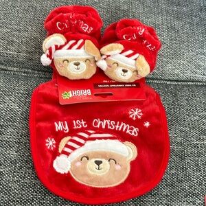 Bright Baby My first Christmas Red Bear Soft Warm Booties and Bib